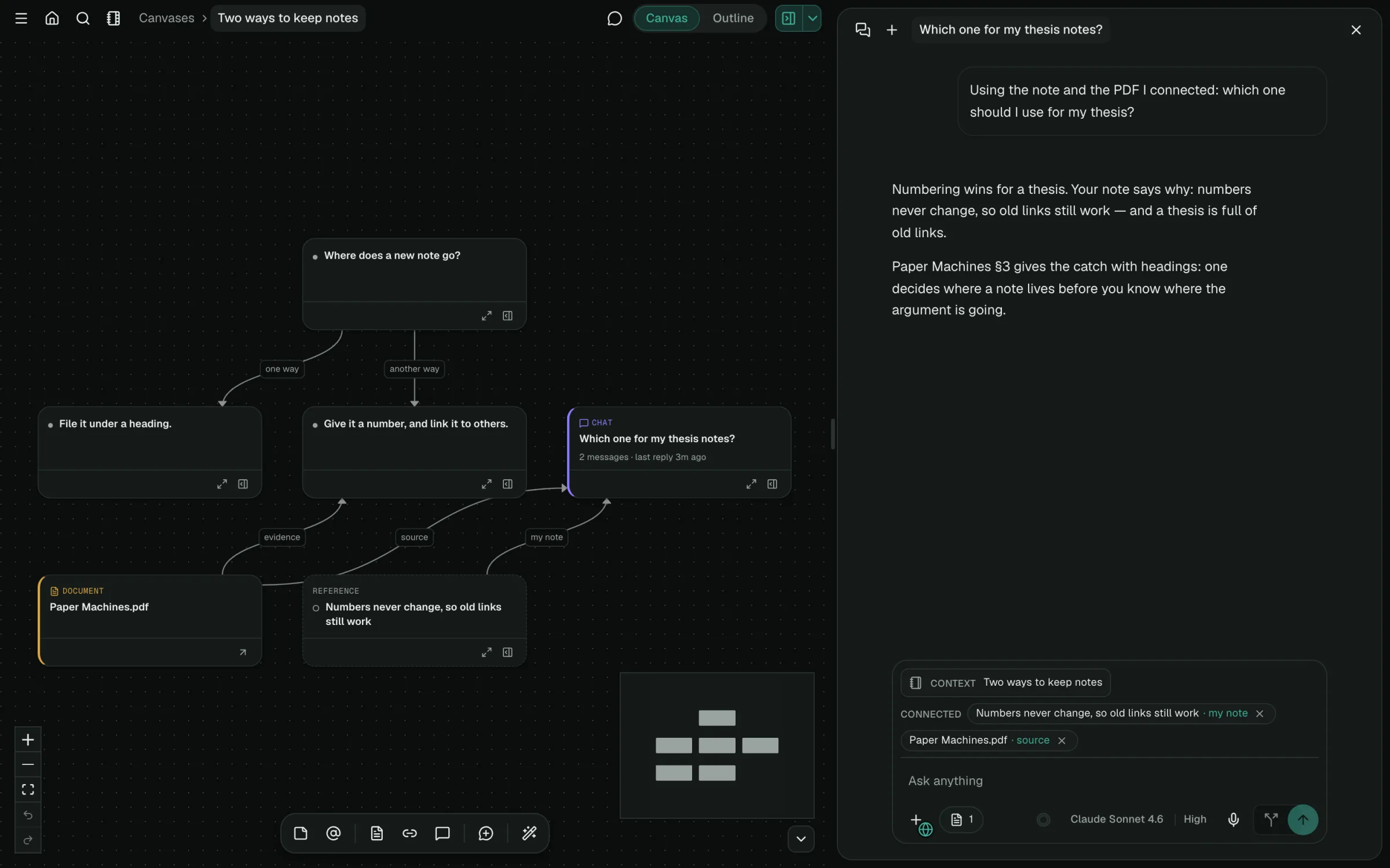 A canvas of cards from one reading thread, joined by labelled arrows, with its chat open beside the board — the question asked, the answer, and the cards wired into that chat listed as its context