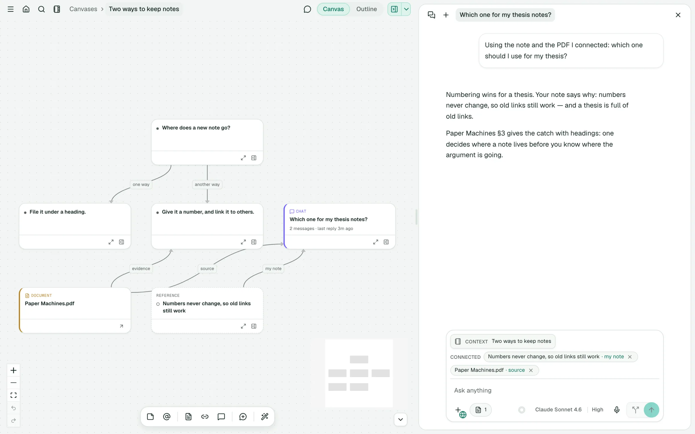 A canvas of cards from one reading thread, joined by labelled arrows, with its chat open beside the board — the question asked, the answer, and the cards wired into that chat listed as its context