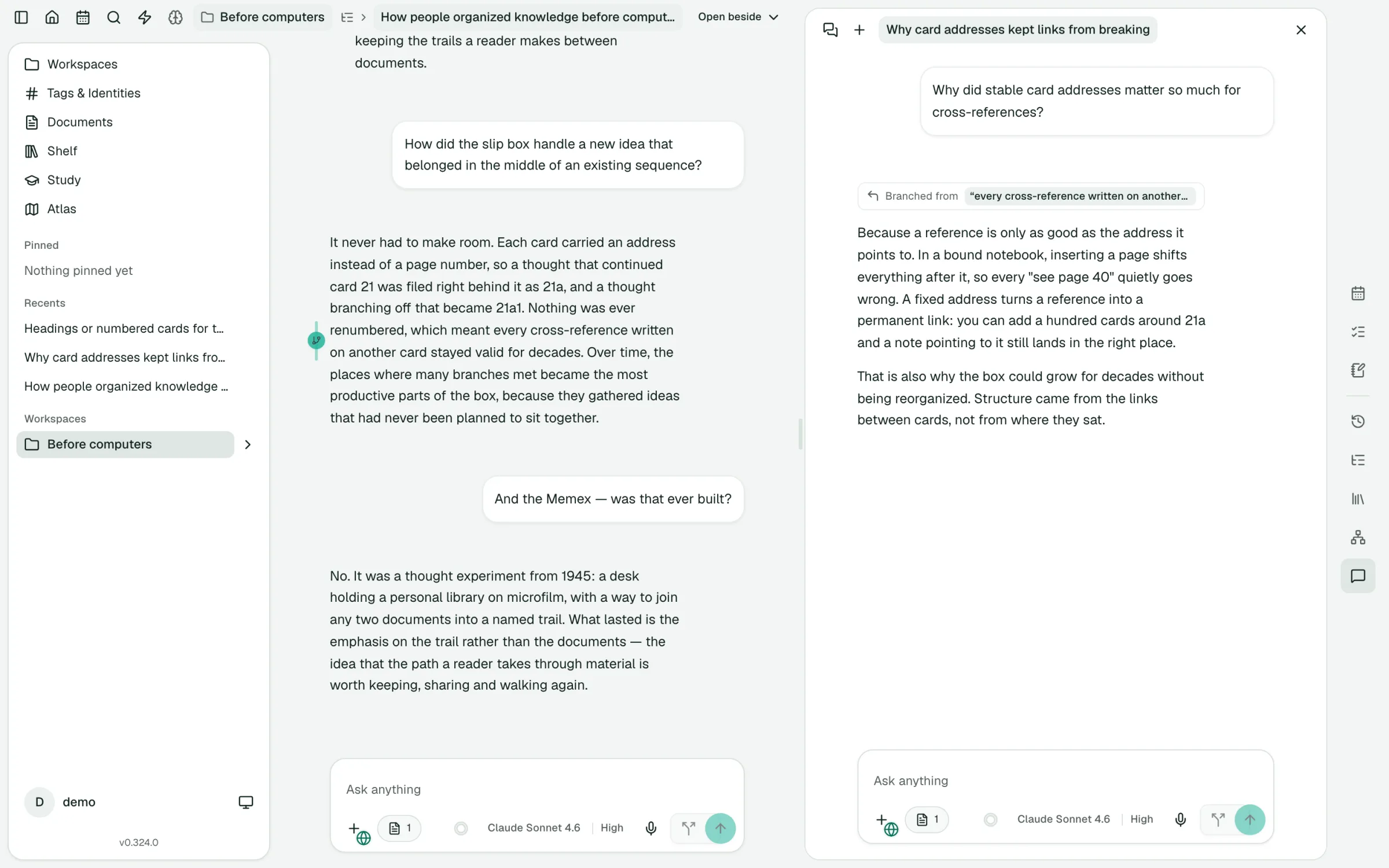SideQuestly showing a research chat about how people organized knowledge before computers, with a branch opened from one of its sentences beside it